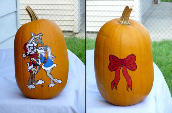 Bugs Bunng and Girl Bunny painted on a pumpkin